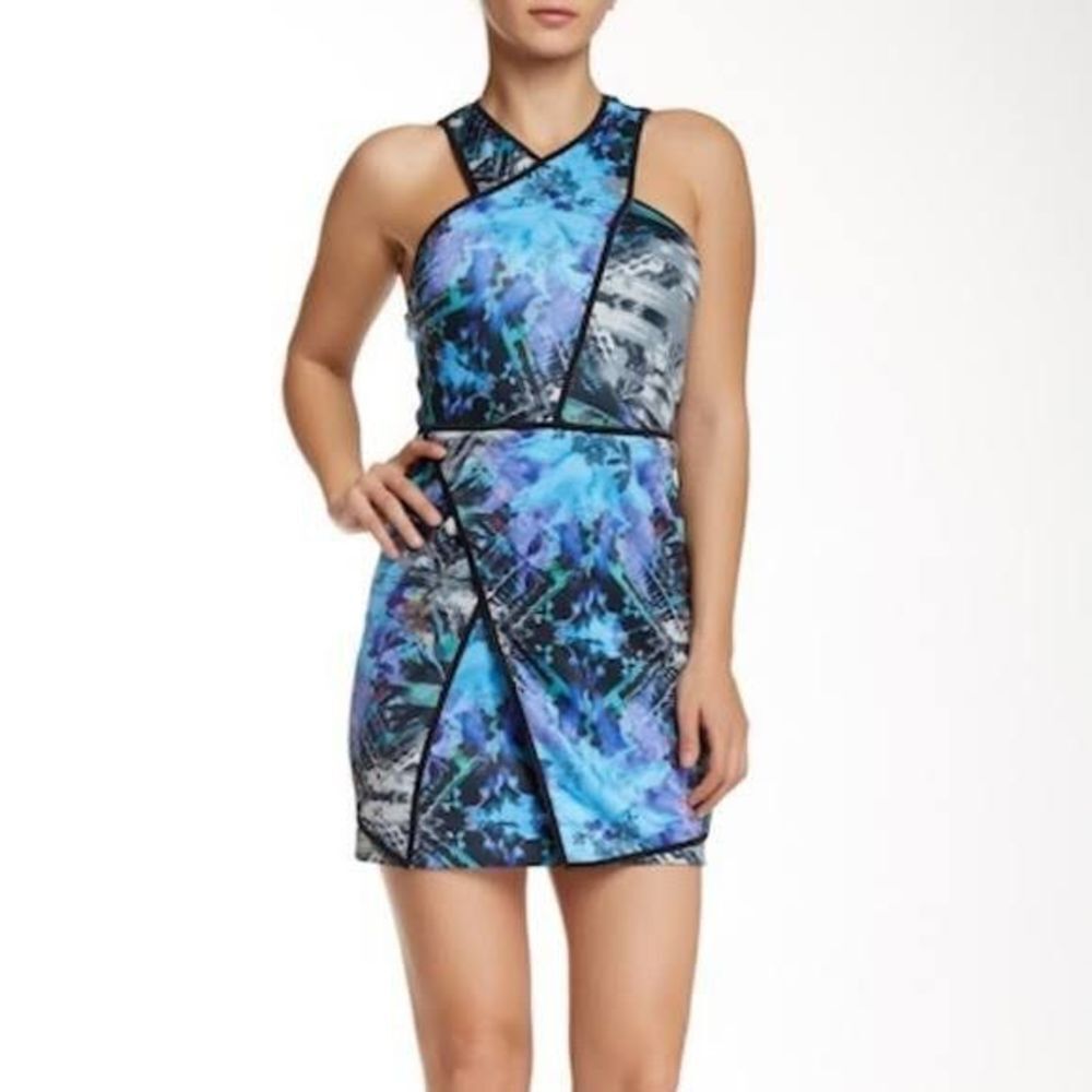 Parker Tobias blue black print faux wrap mini dress